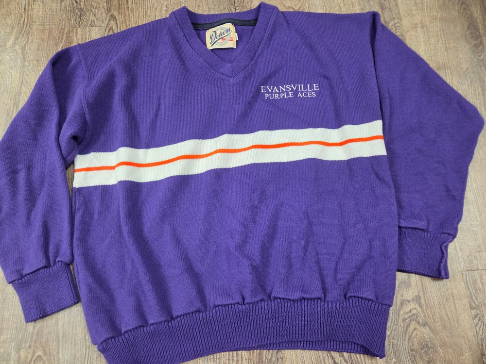 DEHEN University of Evansville Purple Aces Vintage V Neck Made USA Sweater Large